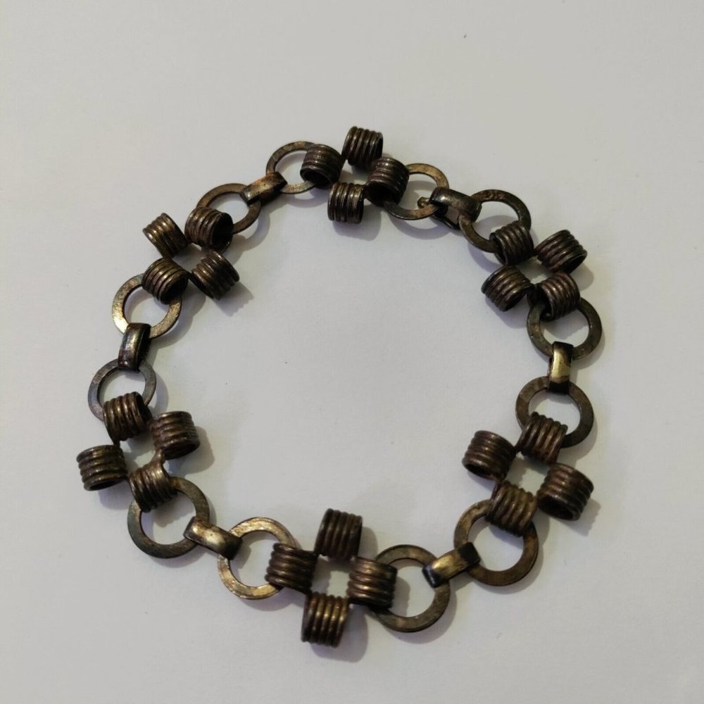 Vintage 925 Sterling Silver Chunky Linked Rings Bracelet Modernist Wire Wrapped